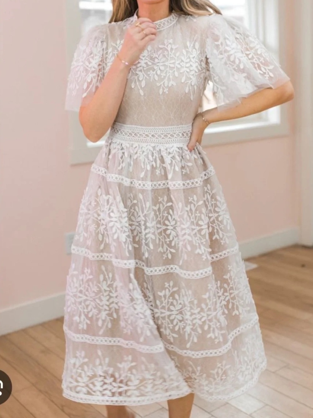 NWT Ivy City co Sicily dress with flutter sleeves white lace nude illusion 1X